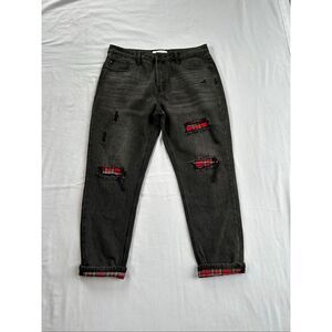 KanCan Black Ripped Patched Red Flannel Jeans Size 15/31 Warm Winter Mid Rise